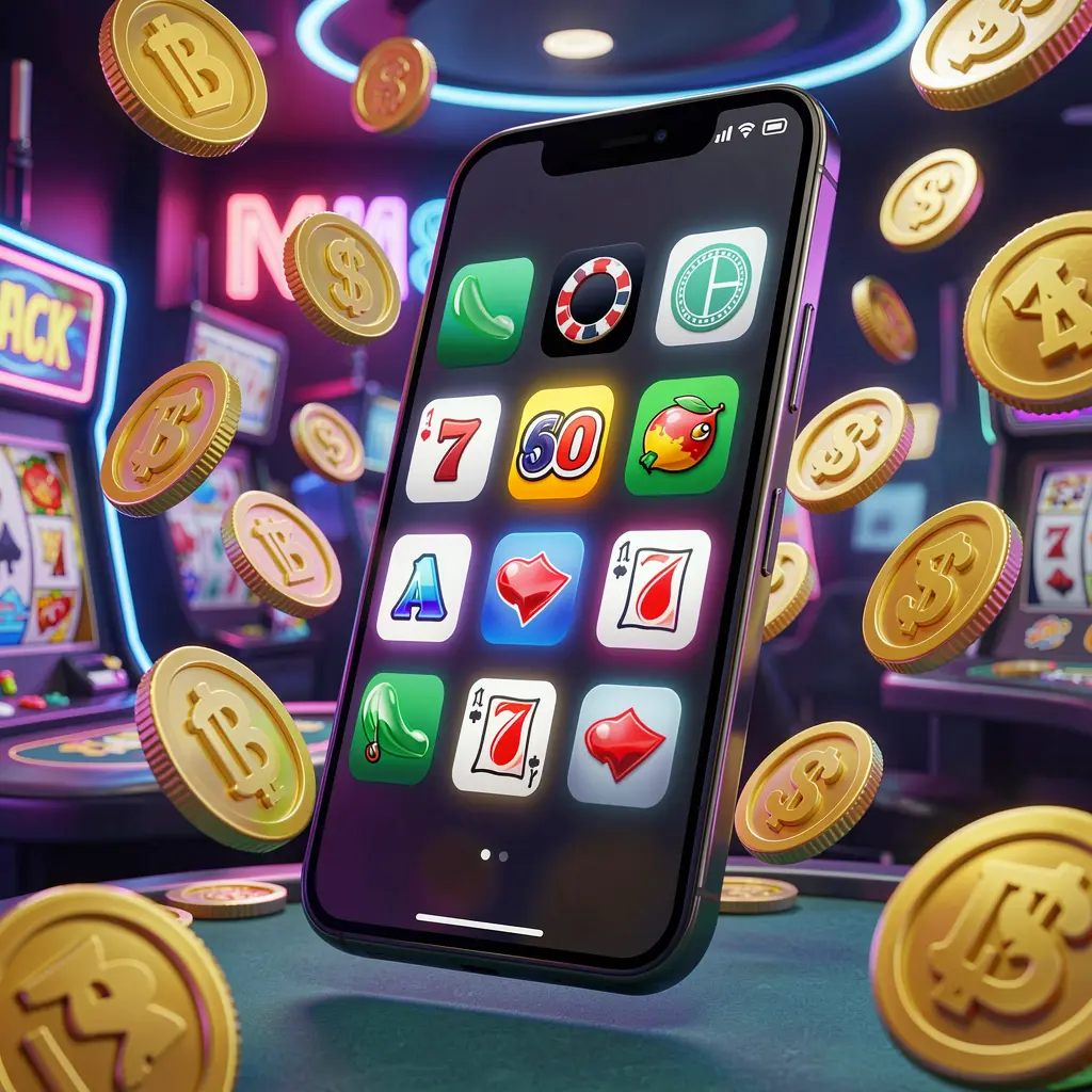 3SSBD Android casino app concept showing a modern phone with app icons surrounded by golden coins and slot symbols in a neon casino atmosphere, realistic 3D render