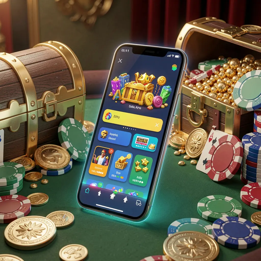 3SSBD Casino APK download scene featuring a glowing smartphone displaying an Android-style mobile app layout, with a treasure chest, chips, and coins nearby in a luxury 3D render