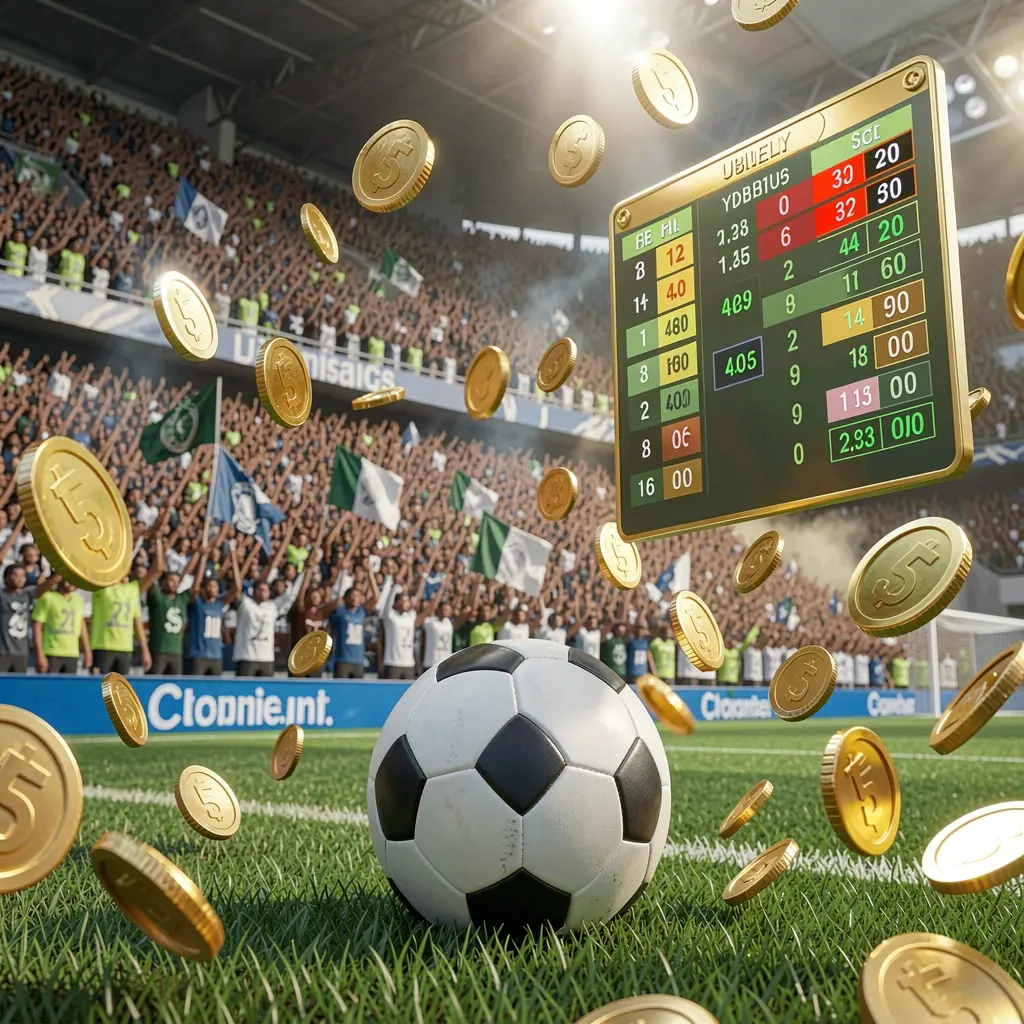 3SSBD sports betting page visual showing a packed football stadium with a soccer ball in the foreground, floating digital odds interface, and golden coins flying in a realistic 3D illustration