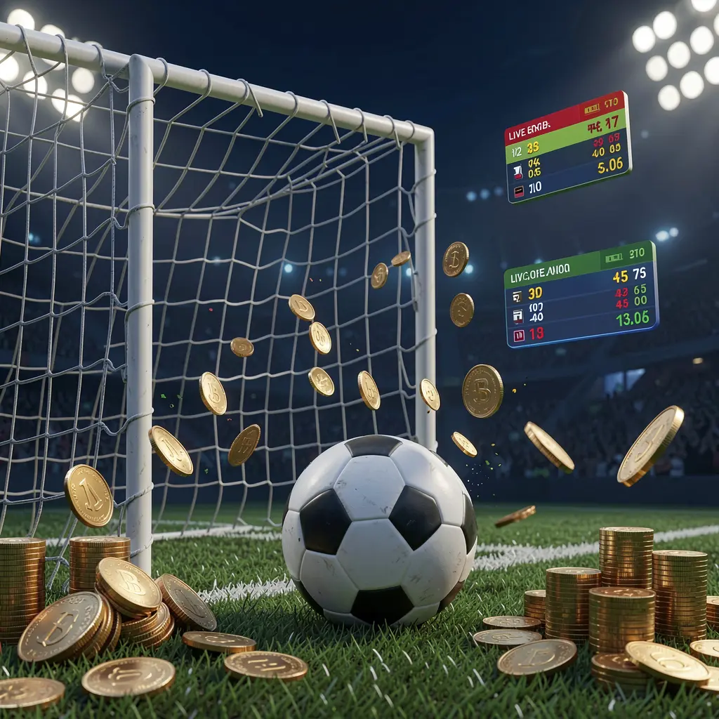 3SSBD sports betting page featuring a realistic 3D render of a football goal net, soccer ball, stadium lights, coins, and floating live score panels on a dark blue premium background