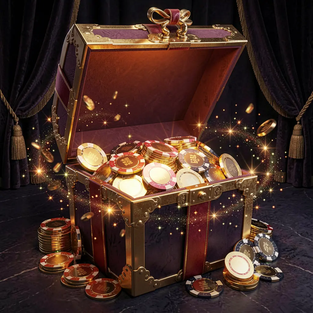 3SSBD no deposit casino bonus concept featuring a glowing gift box filled with free casino chips and golden coins with magical sparkle effects on a luxury dark background creating an exciting reward atmosphere
