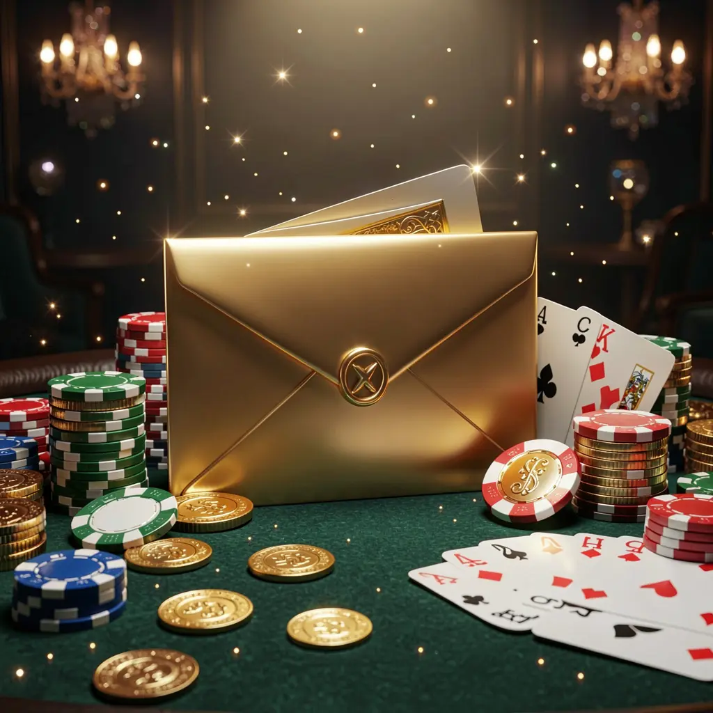 3SSBD exclusive casino promotion scene featuring a golden envelope surrounded by chips, coins, and playing cards against a luxury dark background with sparkling lights in a cinematic 3D render
