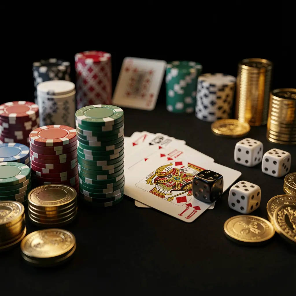 Elegant 3SSBD casino table close-up featuring poker chips, playing cards, dice, and gold coins with soft cinematic lighting on a luxury black background