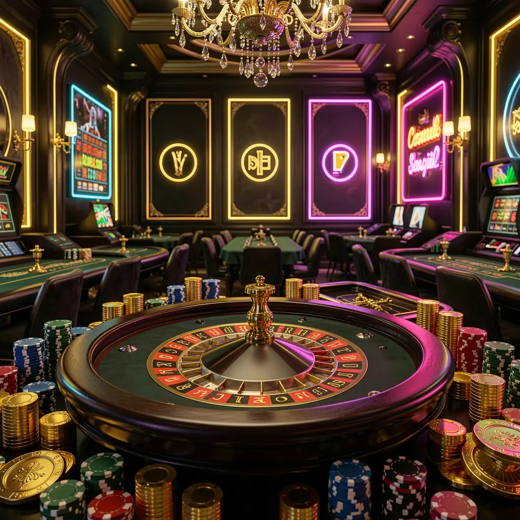Luxury casino hall with roulette table, poker chips, and golden coins illuminated by glowing neon lights in a premium black and gold atmosphere, representing 3SSBD online casino