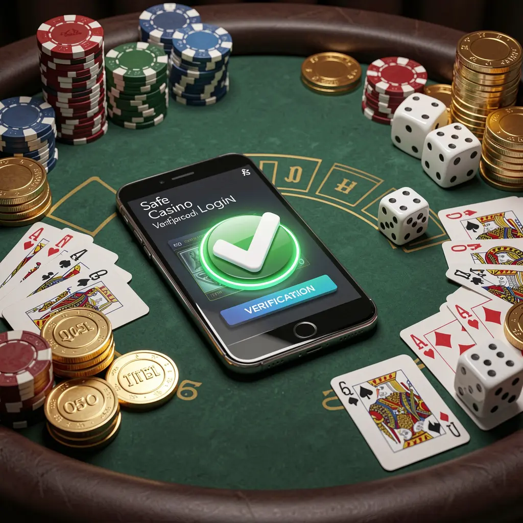 3SSBD safe casino login concept featuring a smartphone with verification checkmark icon surrounded by chips, cards, dice, and golden coins on an elegant luxury casino table in a 3D realistic render