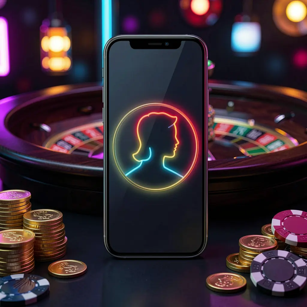 3SSBD online casino login hero image featuring a modern phone with glowing profile icon, roulette lights in the background, golden coins and poker chips in a premium dark neon atmosphere