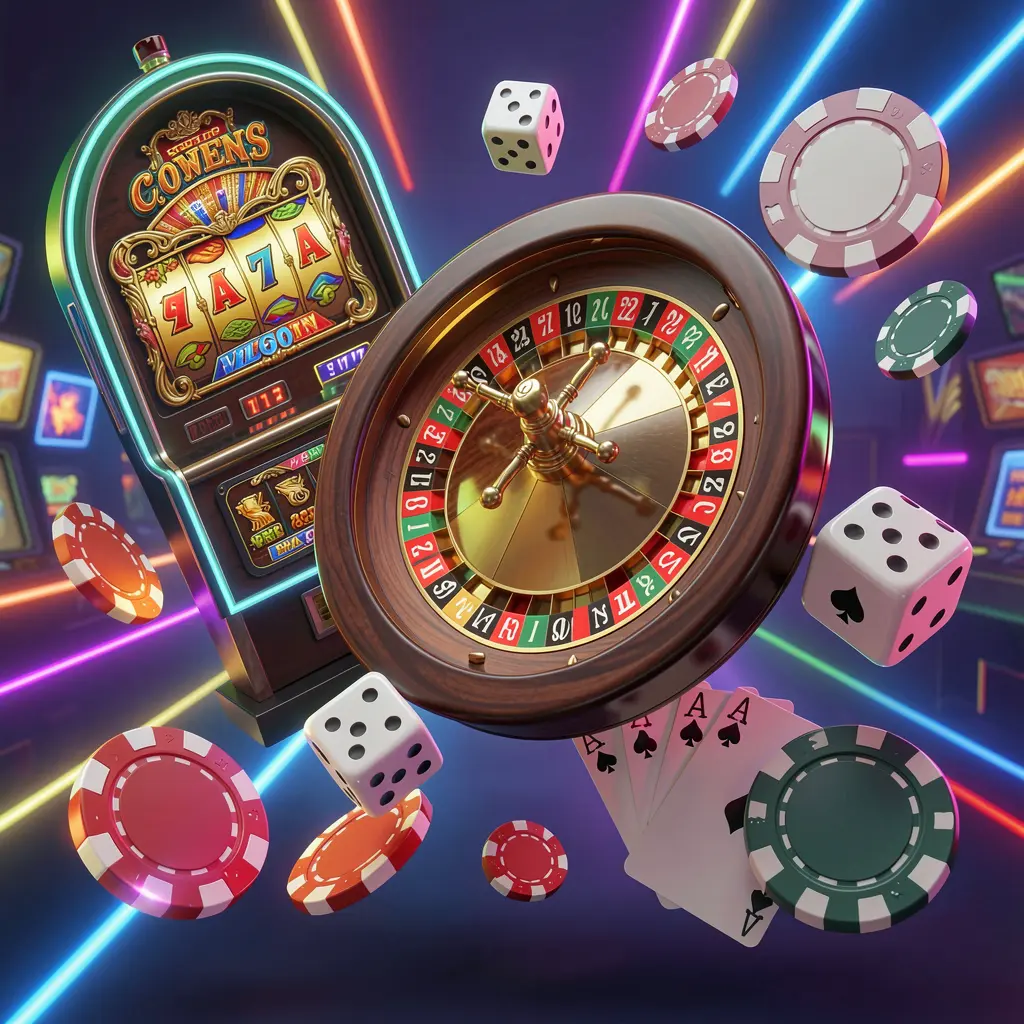 3SSBD casino games collection homepage visual featuring a slot machine, roulette wheel, dice, playing cards, and poker chips floating together with colorful neon lights in a premium 3D render